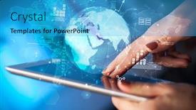  Presentation with tablet - Amazing presentation design having hand-using-tablet-with-multinational backdrop and a teal colored foreground