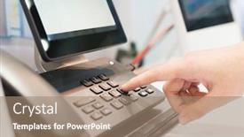  Presentation with exhibition - Beautiful PPT layouts featuring hand using videophone on exhibition backdrop and a coral colored foreground