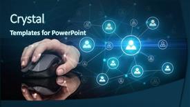  Presentation with wireless network - Audience pleasing PPT theme consisting of hand using wireless mouse dark environment human network concept backdrop and a ocean colored foreground