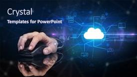  Presentation with cloud technology - Amazing PPT theme having hand-using-wireless-mouse backdrop and a navy blue colored foreground