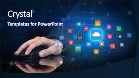  Presentation with cloud technology - Presentation design enhanced with hand using wireless mouse background and a navy blue colored foreground