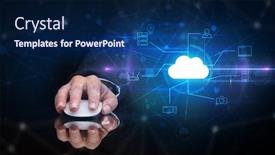  Presentation with cloud technology - Slide set with hand using wireless mouse in a dark environment with cloud technology and online storage concept background and a navy blue colored foreground