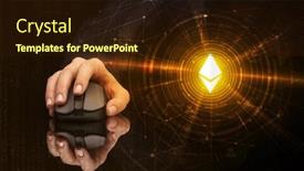  Presentation with cryptocurrency - Colorful presentation design enhanced with hand using wireless mouse with cryptocurrency concept on dark background backdrop and a wine colored foreground