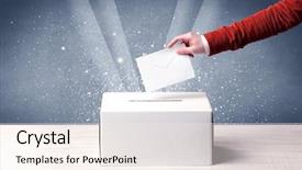  Presentation with box - Presentation theme having hand voting symbol - ballot box with person casting background and a sky blue colored foreground