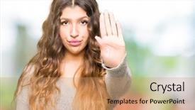  Presentation with hand palm - Audience pleasing PPT theme consisting of hand warning expression with negative backdrop and a coral colored foreground