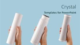  Presentation with water purification - PPT theme with hand-water-filter-cartridge background and a light blue colored foreground