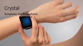  Presentation with smartwatch - Beautiful PPT layouts featuring hand wearing smartwatch with free backdrop and a  colored foreground
