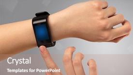  Presentation with smartwatch - PPT layouts consisting of hand wearing smartwatch with free background and a coral colored foreground