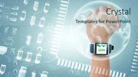  Presentation with electronics printed circuit board blue - PPT theme featuring hand wearing watch against globe background and a light blue colored foreground