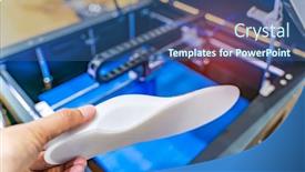  Presentation with shoe - PPT theme having hand-with-3d-printed-shoe background and a ocean colored foreground