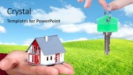  Presentation with keys - Cool new presentation design with hand with a little house backdrop and a light blue colored foreground