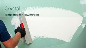  Presentation with worker - Colorful PPT theme enhanced with hand-with-a-spatula-worker backdrop and a soft green colored foreground