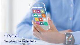  Presentation with smart - Beautiful PPT theme featuring hand with app icons backdrop and a sky blue colored foreground
