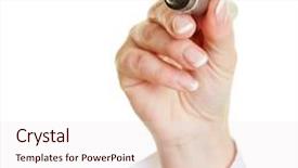  Presentation with writing pen - Colorful slide set enhanced with hand with black pen writing into the air backdrop and a sky blue colored foreground