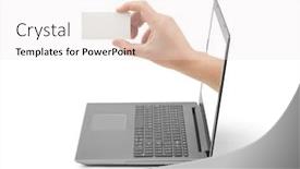  Presentation with notebook - Cool new slide deck with hand-with-blank-card backdrop and a sky blue colored foreground