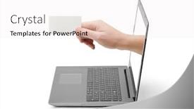  Presentation with notebook - PPT theme featuring hand-with-blank-card background and a white colored foreground