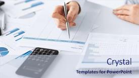  Presentation with calculator - Beautiful presentation theme featuring team work discussing open space backdrop and a light gray colored foreground.