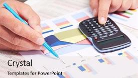  Presentation with business calculator - Theme having human capital economic growth - hand with calculator finance background and a lemonade colored foreground