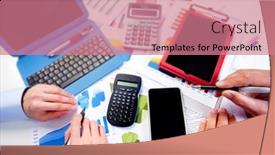  Presentation with business calculator - Colorful PPT theme enhanced with hand with calculator finance and accounting business backdrop and a coral colored foreground