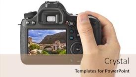  Presentation with bosnia - Slide deck having hand-with-camera-and-mostar background and a coral colored foreground