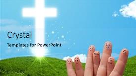  Presentation with faces - Colorful theme enhanced with hand with christian religion cross backdrop and a  colored foreground