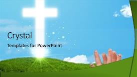  Presentation with human face set of faces - Beautiful presentation theme featuring hand with christian religion cross backdrop and a light blue colored foreground