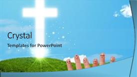  Presentation with human face set of faces - Amazing slides having hand with christian religion cross backdrop and a light blue colored foreground