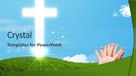  Presentation with faces - Presentation having hand with christian religion cross background and a light blue colored foreground