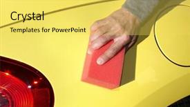  Presentation with hand washing - Slide set having hand with cloth washing a car waxing and polishing background and a yellow colored foreground