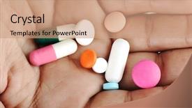  Presentation with colorful of antibiotics capsule pills - Colorful slide deck enhanced with hand with colorful pills closeup backdrop and a  colored foreground