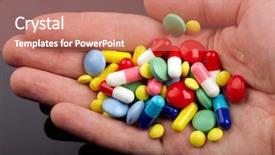  Presentation with colorful of antibiotics capsule pills - Theme consisting of hand with colorful pills background and a coral colored foreground