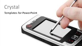  Presentation with communicator - Cool new slide set with hand with communicator isolated on white background backdrop and a white colored foreground