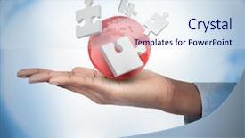  Presentation with red globe - Beautiful PPT theme featuring hand with digital white puzzles backdrop and a sky blue colored foreground