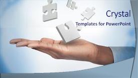  Presentation with digital - Presentation featuring hand with digital white puzzles background and a sky blue colored foreground