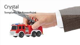  Presentation with fire truck - Presentation theme enhanced with hand with fire truck isolated background and a white colored foreground