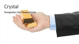  Presentation with gold bars - PPT theme enhanced with hand with gold bars isolated background and a white colored foreground