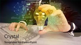  Presentation with glowing light bulb light bulb - Colorful slides enhanced with hand with graph charts number backdrop and a  colored foreground