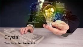  Presentation with glowing light bulb light bulb - Amazing PPT layouts having hand with graph charts number backdrop and a  colored foreground
