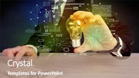  Presentation with glowing light bulb light bulb - Presentation theme enhanced with hand with graph charts number background and a  colored foreground