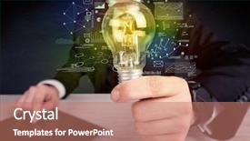  Presentation with glowing light bulb light bulb - Audience pleasing presentation theme consisting of hand with graph charts number backdrop and a  colored foreground