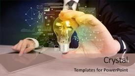  Presentation with glowing light bulb light bulb - PPT theme featuring hand with graph charts number background and a coral colored foreground