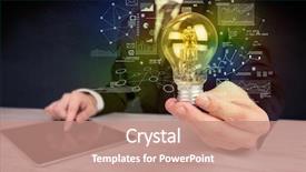  Presentation with glowing light bulb light bulb - Presentation design consisting of hand with graph charts number background and a coral colored foreground