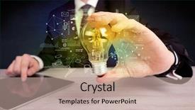  Presentation with glowing light bulb light bulb - Slide deck featuring hand with graph charts number background and a  colored foreground