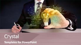  Presentation with glowing light bulb light bulb - Audience pleasing theme consisting of hand with graph charts number backdrop and a  colored foreground