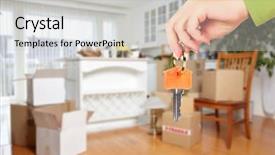  Presentation with house key - Cool new PPT theme with hand with house key real backdrop and a light gray colored foreground