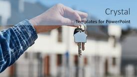  Presentation with real estate purchase - PPT theme enhanced with hand-with-house-keys-rent background and a light blue colored foreground