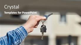  Presentation with real estate purchase - PPT layouts with hand-with-house-keys-rent background and a gray colored foreground