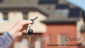  Presentation with real estate purchase - Presentation theme consisting of hand-with-house-keys-rent background and a coral colored foreground