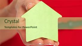  Presentation with post stick note - Beautiful presentation theme featuring hand with house sticky note backdrop and a  colored foreground