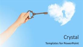  Presentation with human heart - PPT theme featuring hand with key opening heart background and a light blue colored foreground